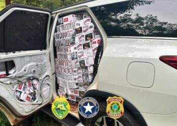 PF, Receita Federal e PM apreendem veículo carregado com cigarros