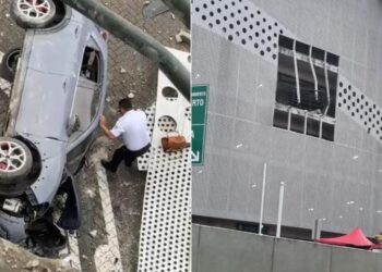 Desespero: mulher perde o controle do carro e cai do 3º andar do estacionamento de shopping; veja vídeo