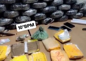 10º BPM apreende aproximadamente 38kg de drogas e uma arma de fogo.