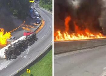 Carreta tomba, pega fogo e destrói vários veículos – VEJA O VÍDEO