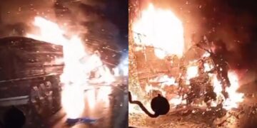 Carretas são consumidas pelo fogo após colisão frontal na BR-364 – VEJA O VÍDEO