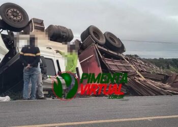 Carreta carregada com lenha tomba na BR-364 entre Pimenta Bueno e Riozinho