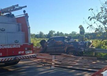 Carreta carregada de madeira tomba sobre caminhonete e deixa três vítimas fatais