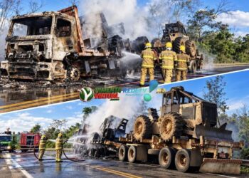 Incêndio destrói caminhão e trator e interdita a BR-364 em Pimenta Bueno