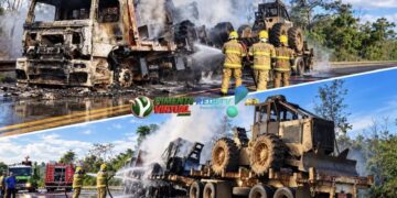 Incêndio destrói caminhão e trator e interdita a BR-364 em Pimenta Bueno